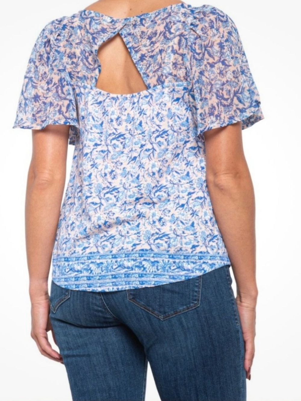 NWT Lucky Brand Floral Flutter Sleeve Keyhole Back Shirt L
